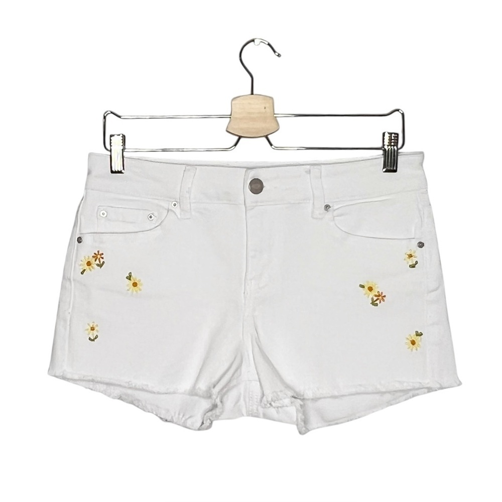 Indigo Rein White Floral Embroidered Raw Hem Cut Off Denim Shorts